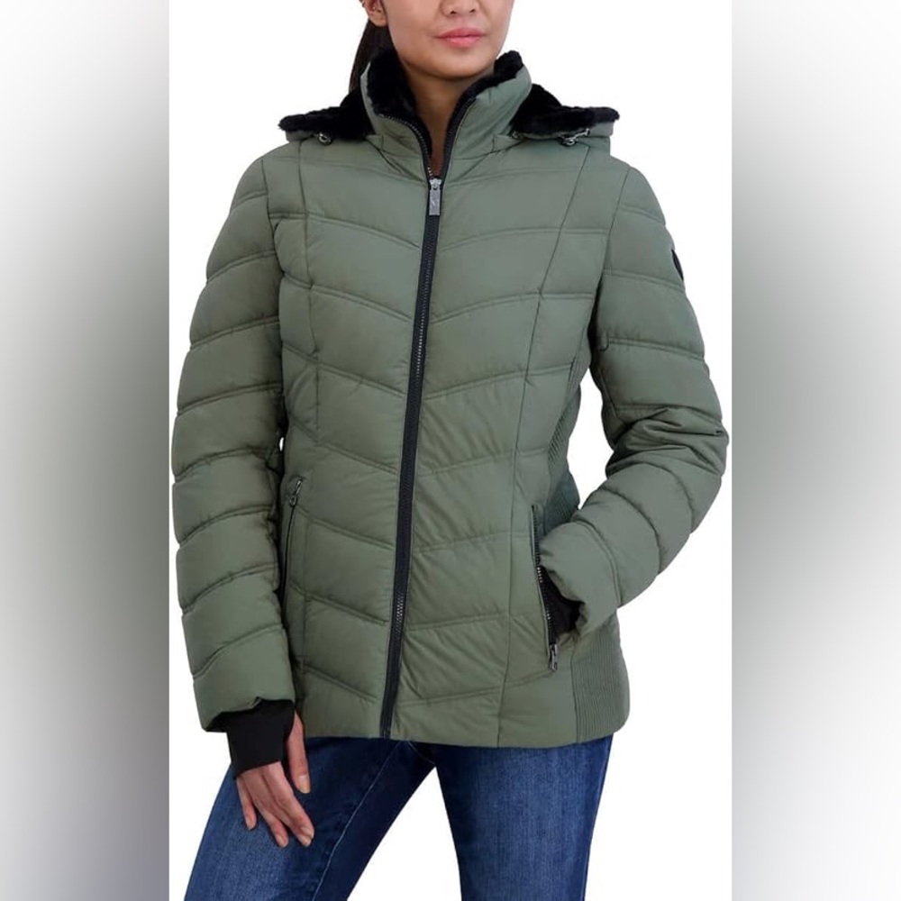 Nautica Women's Stretch Puffer with Detachable Hood Fleece Pockets EUC